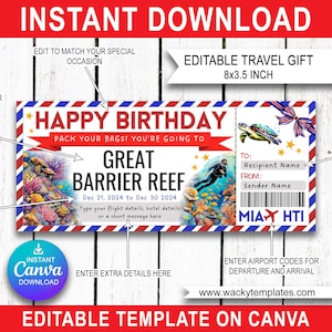 GRANDE BARRIÈRE DE CORAIL Modifier le modèle de billet de carte d'embarquement Bon d'achat Cadeau de voyage surprise que vous allez imprimer Faux vol d'avion Anniversaire Noël