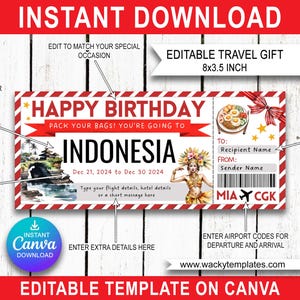 Può includere: Modello di biglietto di viaggio stampabile modificabile per un regalo di compleanno. Il biglietto è rosso e bianco con un'illustrazione ad acquerello di una ballerina tradizionale indonesiana e una scena dell'Indonesia. Il testo sul biglietto dice "Buon compleanno! Fai le valigie! Stai andando in Indonesia." Il biglietto include anche spazio per inserire il nome del destinatario, il nome del mittente e i codici degli aeroporti.
