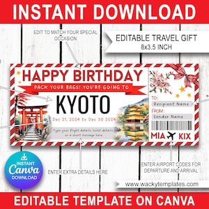 KYOTO JAPAN TOKYO Editable Boarding Pass Ticket Template Voucher Surprise Trip Gift You&#39;re Going To Print Fake Plane Birthday Christmas