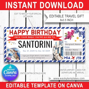 SANTORIN GRÈCE ATHÈNES Modifier le modèle de billet de carte d'embarquement Bon d'achat Cadeau de voyage surprise que vous allez imprimer Faux avion Anniversaire Noël