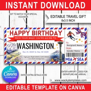 WASHINGTON SEATTLE MOUNT Rainier Modifier carte d'embarquement Modèle de billet Bon d'achat Voyage surprise Cadeau que vous allez imprimer Avion Anniversaire Noël