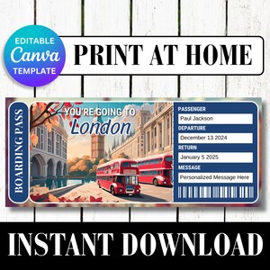 LONDON United Kingdom UK Surprise Trip Gift Ticket Boarding Pass Printable Vacation Editable Certificate Invitation Canva Customize Template