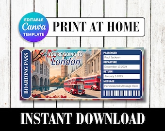 May include: A printable boarding pass with a red double-decker bus in front of Big Ben and the London Eye. The text reads "You're going to London". The boarding pass includes fields for passenger name, departure date, return date, and a personalized message.