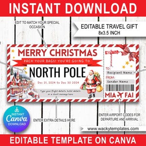 PLE NORD Père Noël modifier carte d'embarquement modèle de billet bon cadeau voyage surprise que vous allez imprimer faux anniversaire vol Noël avion