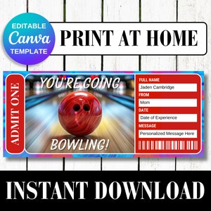 Editable BOWLING Ticket Party Event Surprise Gift Certificate Invitation Instant Download Printable Canva Customize Template Coupon Birthday