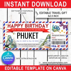 PHUKET THALANDE BANGKOK Modifier le modèle de billet de carte d'embarquement Bon d'achat Cadeau de voyage surprise que vous allez imprimer Faux avion Anniversaire Noël
