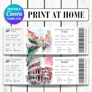 Viaggio in Italia Roma Venezia Milano Biglietto Modificabile Modello Canva Sorpresa di Natale Viaggio Vacanza Buono Regalo Rivelazione Vacanza Carta d'Imbarco
