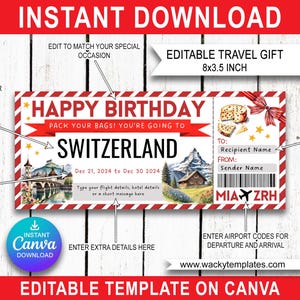 SUISSE ZURICH GENÈVE Modifier le modèle de billet de carte d'embarquement Bon d'achat Cadeau de voyage surprise que vous allez imprimer Faux avion Anniversaire Noël