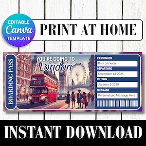 LONDON United Kingdom UK Surprise Trip Gift Ticket Boarding Pass Printable Vacation Editable Certificate Invitation Canva Customize Template