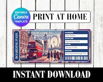 LONDON United Kingdom UK Surprise Trip Gift Ticket Boarding Pass Printable Vacation Editable Certificate Invitation Canva Customize Template