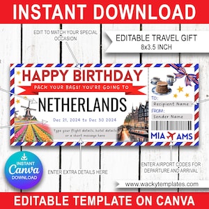 AMSTERDAM ROTTERDAM PAYS-BAS Modèle de billet modifiable avec carte d'embarquement Bon d'achat Cadeau voyage surprise que vous allez imprimer Anniversaire faux avion