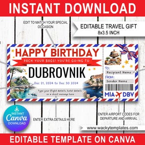 DUBROVNIK CROATIA ZAGREB Edit Boarding Pass Ticket Template Voucher Surprise Trip Gift You&#39;re Going To Print Fake Plane Birthday Christmas