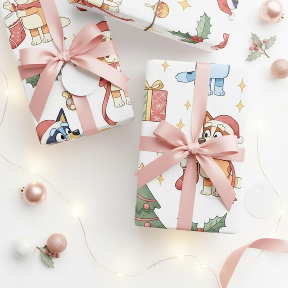 Bluey Christmas Wrapping Paper Cozy Kids Gift Wrap Cute Cartoon Holiday Paper Festive Family Gift Wrap Whimsical Winter Cottage Wrap