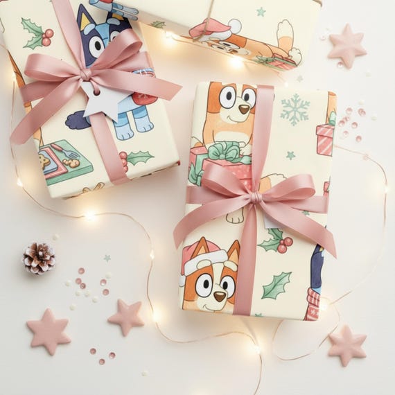 Bluey Christmas Wrapping Paper | Cute Holiday Gift Wrap with Trees, Presents & Cookies | Vintage Pastel Kids Christmas Paper | Cozy Winter
