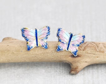 SALE! Vintage Thousand Flowers Studs -  1980s sterling silver enamel butterfly stud earrings - 12mm blue pink butterflies on original card