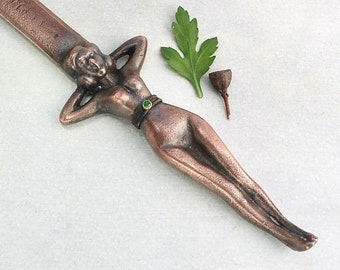 Vintage Nude Letter Opener - very heavy solid metal figural naked lady envelope slitter 10.5" long - WW2 bronze or copper souvenir