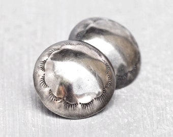 Vintage Sterling Silver Button Earrings - big 28mm puffy hollow domed round concho clip-ons - stamped Southwestern sun ray design