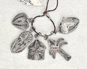 Vintage African Pendant Set - 5 sterling silver charms - filigree heart, sandal, house, palm tree, Africa - handmade in Benin City Nigeria