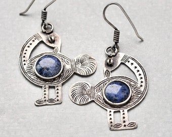 Vintage Sankofa Bird Earrings - silver plated stamped birds with blue gemstones - sterling silver ear wires