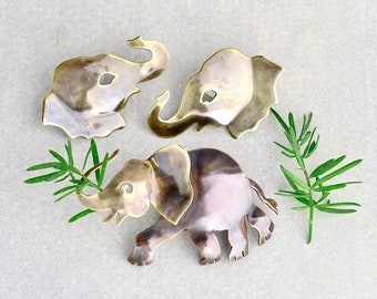 Vintage Elephant Jewelry - artisan handmade copper brass brooch and stud earrings with sterling silver ear wires