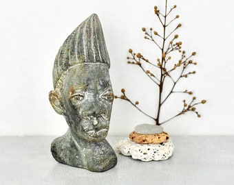 Vintage African Bust Figurine - hand carved soapstone stone portrait head with pointed hat - 3.5" tall - signed MR