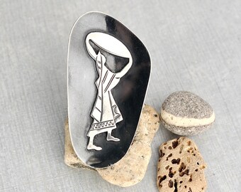 Vintage Brooch Pendant - 925 sterling silver mid century pin - traditional dress biblical woman figure - made in Israel