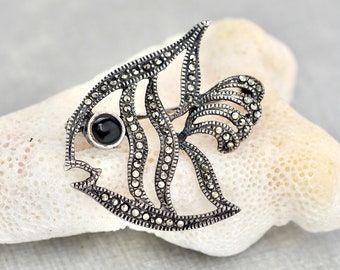 Vintage Marcasite Fish Brooch - 925 sterling silver angelfish 1.75" pin - sparkly faceted iron pyrite stones and black onyx eye