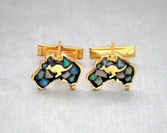 Vintage Australia Cufflinks - gold plated with genuine Australian opal chips in resin with kangaroo - flip toggle backs SL24