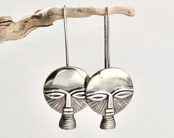 Vintage Disk Face Earrings - 925 sterling silver round tribal mask neck rings - long ear wires