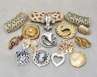 16 Vintage Scarf Clips Slides - gold silver tone rhinestone cameo flower bow heart fish - scarf slide lot