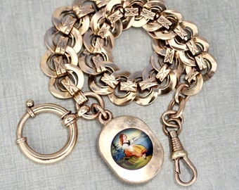 Antique Pocket Watch Chain - gold filled with reversible fob - hand painted scene woman agate charm - 10.5" long Edwardian Victorian