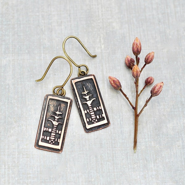 Vintage Pagoda Earrings - artisan handmade etched copper rectangles brass ear wires - small lightweight drops