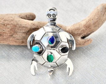 Vintage Taxco Turtle Pendant - sterling silver gemstone studded tortoise pin - turquoise, malachite, azurite, onyx gems - made in Mexico