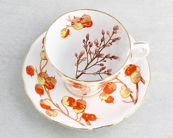 Vintage Teacup and Saucer - Gladstone Persimmon made in England - orange yellow brown fruit gold rim