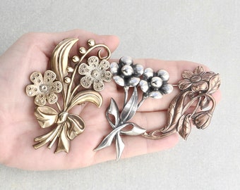 3 Vintage Flower Brooches - sterling silver, brass and copper floral spray bouquet corsage with ribbon - big large lapel pin brooch lot