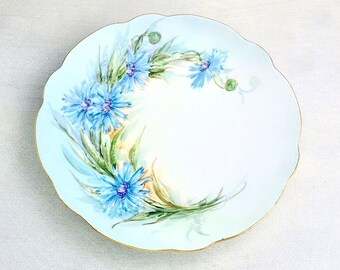 Vintage Cornflower Plate - hand painted blue floral pattern scalloped 8.5" Bavaria dish - aqua violet flower gold rim