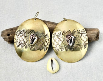 Vintage African Brass Earrings - BIG shiny ovals with bezel set tiny shells and stamped designs - brass ear wires