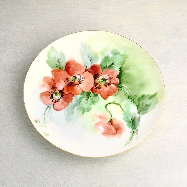 Vintage Poppy Plate - Imperial PSL Empire Bohemia Austria hand painted floral pattern Besse Fovo - red green flower gold rim