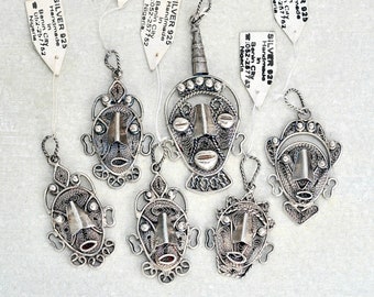 1 Vintage African Mask Pendant - 925 sterling silver filigree face - handmade in Benin City Nigeria - unworn old stock