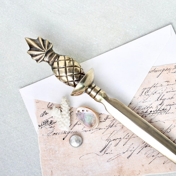 Vintage Pineapple Letter Opener - 8.75" solid brass paper knife desk accessory - heavy tropical fruit handle