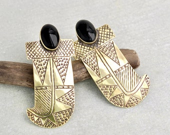 Vintage African Brass Earrings - BIG 2.75" stamped shiny brass with oval black stones - sterling silver ear wires