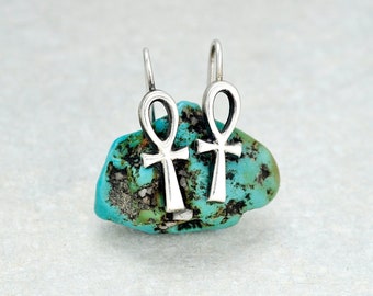 Vintage Ankh Earrings - 925 sterling silver Egyptian heiroglyph key of life good luck symbol - hook ear wires