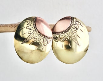 Vintage African Brass Earrings - BIG shiny brass and copper ovals with stamped sun design - sterling silver ear wires