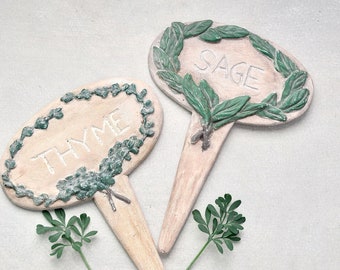 2 Vintage Herb Markers - big 5.25" oval ceramic garden stake marker set - Thyme and Sage rustic chic