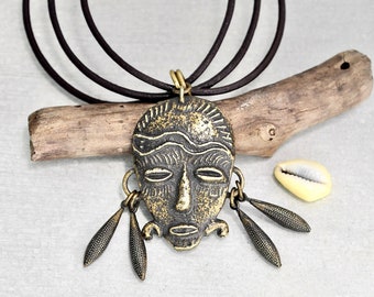 Vintage African Mask Necklace - brass tribal face pendant on 18" long triple leather cord - unisex men women