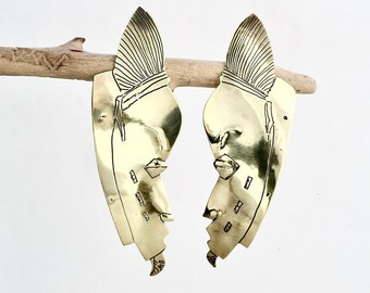 Vintage African Mask Earrings - BIG 3" shiny brass profile face heads with etched details - sterling silver ear wires