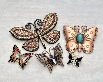 5 Vintage Butterfly Brooches - stamped copper, filigree brass, cloisonné, enamel, rhinestone butterflies - insect bug brooch pin lot