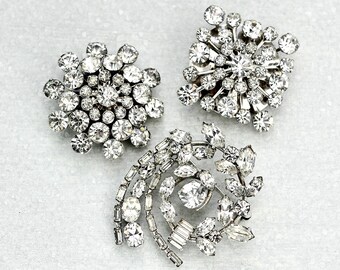 3 Vintage Rhinestone Brooches - gorgeous sparkly clear prong set stone brooch pin lot - on signed aZuB Austria