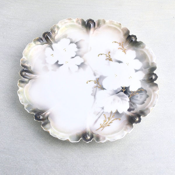 Vintage RS Prussia Plate - hand painted gray white floral luster pattern 8.5" German dish - ruffled scalloped gold rim