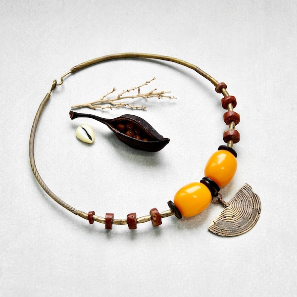 SALE! Vintage African Collar Necklace - brass wrapped wire, rustic pendant, big plastic beads, rustic stone beads